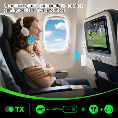 Premium Pro Bluetooth 5.4 Transmitter Receiver,Airplane Audio Adapter,Wireless Transmitter for TV/Travel Flight,Airline,Gym.Compatible with 2 AirPods/Headphones,Bluetooth Receiver for Car/Home Stereo - color: White
