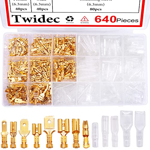Twidec/640Pcs 2.8/4.8/6.3mm Quick Splice Male and Female Wire Spade Connector Crimp Terminal & Bullet Connectors Terminals Crimp Block Kit Golden with Insulating Sleeve Wiring Car Speaker N-001 - color: Gold 640PCS