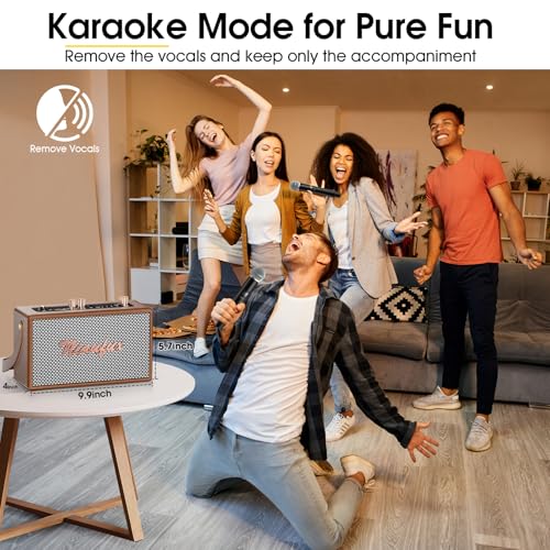 Karaoke Machine, Retro-Design Speaker with 2 Wireless Microphones for Adults & Kids, Portable Karaoke System for Home Party, Bluetooth/AUX/USB/TF/TWS Support, Gifts for Women & Girls - Brown - style: Brown