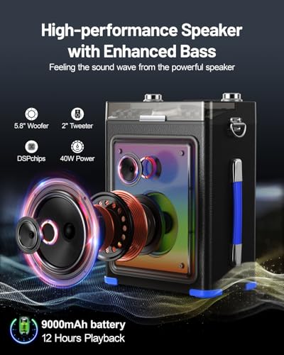 Professional Karaoke Machine for Adults with 2 Wireless Microphones | Karaoke Bluetooth 5.3 Speaker Portable Wooden Karaoke PA System with Bass/Treble Adjustable for Backyard, Home Party (BLUE)