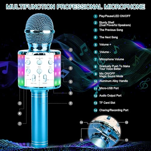 ShinePick Karaoke Microphone, 4 in 1 Wireless Microphone with LED Lights Handheld Portable Karaoke Machine, Home KTV Player, Compatible with Android & iOS Devices(Blue) - color: blue