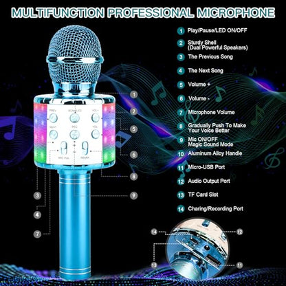 ShinePick Karaoke Microphone, 4 in 1 Wireless Microphone with LED Lights Handheld Portable Karaoke Machine, Home KTV Player, Compatible with Android & iOS Devices(Blue) - color: blue