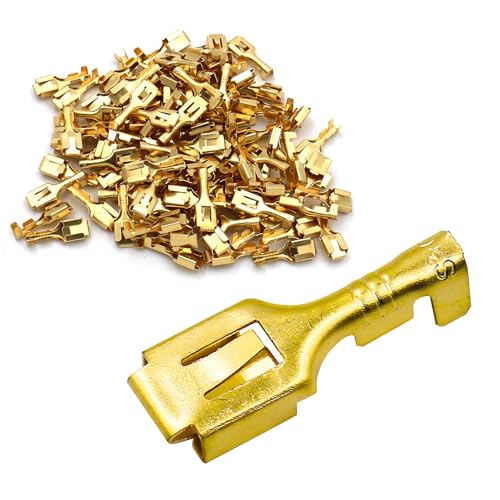 BAOMAIN 100-Pack 6.3mm 1/4" Female Spade Connector Non-Insulated Terminals | Copper 1/4" Non-Insulated Female Connectors with Locking Tab for 18-16 AWG Wire,Ideal for Automotive & DIY Projects