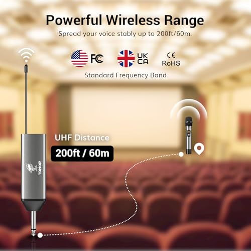 TONOR Wireless Microphone, 15 Channel UHF Metal Cordless Handheld Mic System with Rechargeable Receiver, for Karaoke, Singing, Party, Wedding, DJ, Speech, 200ft, TW620 Silver, 1Mic