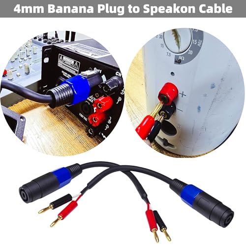 Banana Plug to Speakon Cable 8 Inch 2-Pack, 12AWG 30A Gold-Plated NL4FX Twist-Lock, Short Amp Rack Speaker Wire for QSC Crown JBL Yamaha DJ PA System
