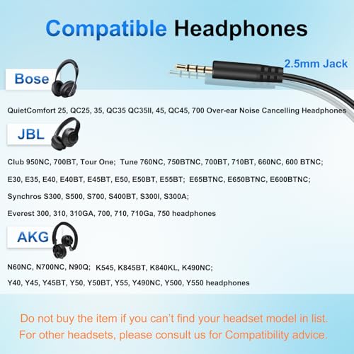 3.5mm to 2.5mm Audio Cable Replacement Cord for Bose Headphones Aux Wire | In-line Mic, Volume Control, Work for Bose NC700 QuietComfort Ultra 45 QC45 QC35II QC35 QC25 JBL Tune 720BT 660NC 670NC 770NC