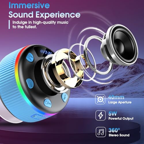 2026 Bluetooth Shower Speaker, Digital Display Portable Speaker with Suction Cup, LED Light, 360° HD Stereo Sound and Robust Bass Waterproof Speakers Wireless for Bathroom, Beach, Car - color: Blue
