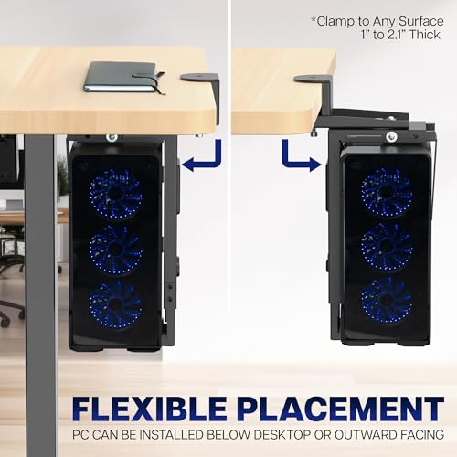 VIVO Adjustable Clamp-On Desk 3.5” to 7.8” Wide Office PC Mount, Computer Case CPU Holder with Swivel Action and Secure Locking, Black, MOUNT-PCC1S