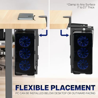VIVO Adjustable Clamp-On Desk 3.5” to 7.8” Wide Office PC Mount, Computer Case CPU Holder with Swivel Action and Secure Locking, Black, MOUNT-PCC1S
