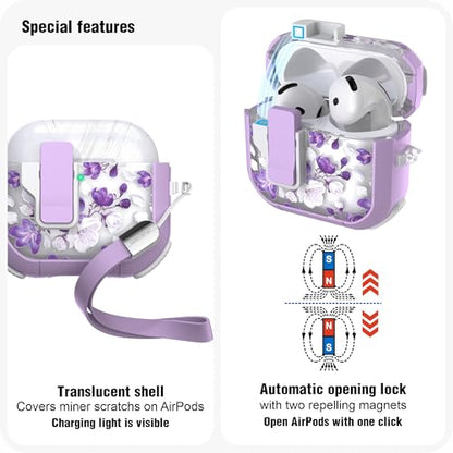 WENEW Case for AirPods 4th Case Cover Secure Lock Automatic Snap Switch Clip Cleaner Kit Lanyard Women Stylish Flower Armour Hard Shell Full Body Front LED Visible (Purple Flower, AirPods 4th) - color: Purple flower, size: AirPods 4