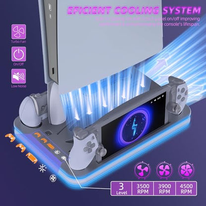 PS Pro Cooling Station, Portal Charger, Dual Controller Dock & RGB Lights | Magnetic Portal dock and dual controller chargers show status; set console USB power to Always for charging in rest mode - color: Gray