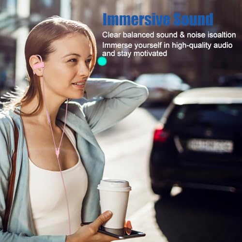 Joysico Wired Over Ear Earbuds Headphones with Mic and Volume Control Pink | Wrap Around Ear Hook Secure Fit, Earphone Case, Sport Running Exercise Gym Workout Sweatproof, For Cellphones Laptops Tablets