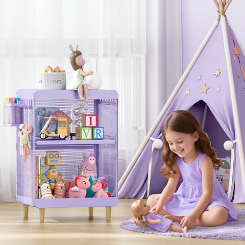 SYKIARIOL Kids Nightstand for Girls, 3-Tier Storage Shelf, Purple | Metal Bedside Table with 4 Hooks & Hanging Basket, Toddler Night Stand for Bedroom - color: Purple