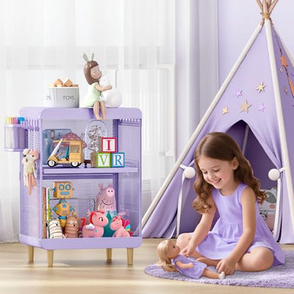 SYKIARIOL Kids Nightstand for Girls, 3-Tier Storage Shelf, Purple | Metal Bedside Table with 4 Hooks & Hanging Basket, Toddler Night Stand for Bedroom - color: Purple