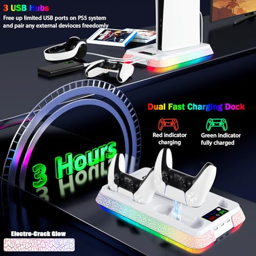 PS5 Stand and Cooling Station with RGB Controller Charging Station for PlayStation 5 Console, PS5/Slim/Pro Controller Charger, PS5 Cooling Stand, PS5/Slim/Pro Accessories Kit with 3 Level Cooler Fan - color: Boom-white
