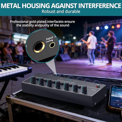 Mini Audio Mixer, 6 Channel Stereo Line Mixer 1/4" & 1/8" TSR Audio Output Input Jack, Line Mixer Stereo/Mono Independent Control and Switch for Guitars,Bass,Keyboards, Dynamic Microphone - size: Large(6-channel)