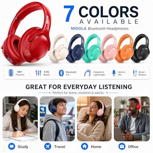 Bluetooth Headphones Wireless 68H with Mic,Decent Sound-Acceptable Red | Adjustable Headband Foldable Over-Ear Lightweight for Office/Travel/Tablet/iPad/Laptop,HD Stereo Sound,Aux 3.5mm - color: Red