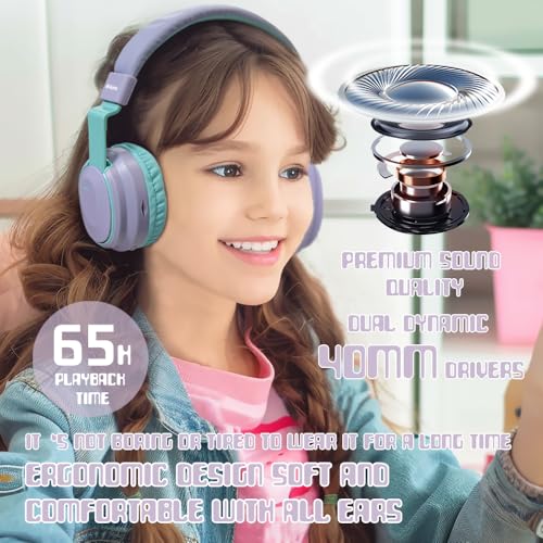 Mokata Kids Headphones Bluetooth 5.3 Wireless Lightweight Fast Charging 68 Hours Play Time Volume Limited 85/94dB Over Ear Foldable with Built-in Mic for Toddler Tablet Pad Light Purple - color: Light Purple