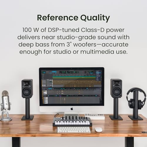 Kanto ORAMU 100W Powered Reference Desktop Computer Speakers with Bluetooth 5.0 and USB-C Input | Bi-Amplified | 100 Hz Automatic Crossover | Reference Quality Sound | Pair | Indigo - color: Indigo, size: 3" Woofer - 100 Watts