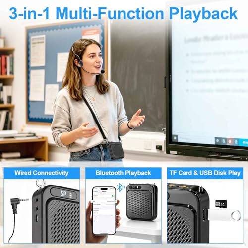 Bluetooth Voice Amplifier for Teachers, 10W Portable Voice Amplifier with Mic Wired, Personal Microphone Headset and Speaker for Classroom, Tour Guide, Elderly, Yoga (Black)