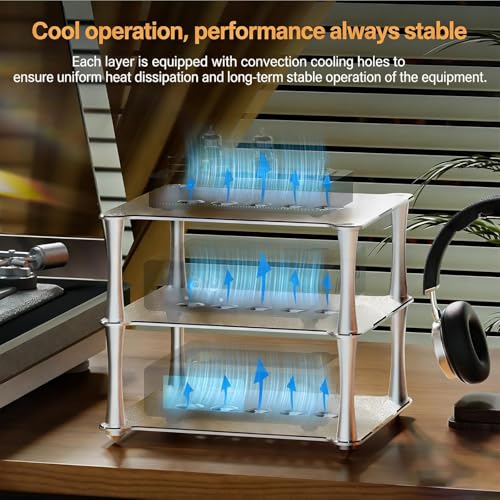 HiFi Audio Rack - 3 Tier Mini Desktop Component Rack with Vented Holes, Aluminum Alloy for DAC Amplifiers and Audio Equipment