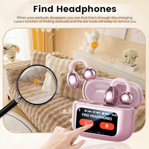 Clip On Ear Headphones, Open Ear Earbuds Wireless Bluetooth 5.4, Clip On Earbuds with LCD Touchscreen, Lightweight Comfort Open Ear Headphones for Pad Tablet Laptop Android/iOS Phones (Pink) - color: Pink