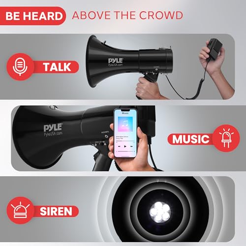 Pyle Portable Compact PA Megaphone Speaker with Alarm Siren & Adjustable Volume - 50W Handheld Lightweight Bullhorn - with Mic, AUX IN for MP3, 1200 Yards Range, Rechargeable Battery