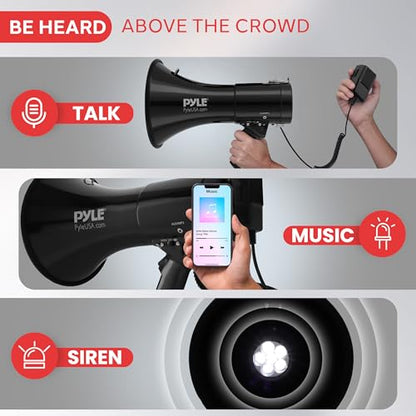 Pyle Portable Compact PA Megaphone Speaker with Alarm Siren & Adjustable Volume - 50W Handheld Lightweight Bullhorn - with Mic, AUX IN for MP3, 1200 Yards Range, Rechargeable Battery