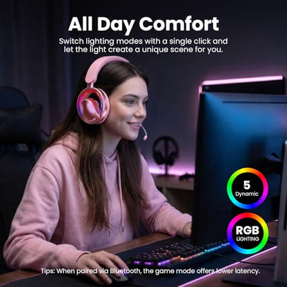 Xmenha Pink Open Ear Open-Back Headphones Wireless Bluetooth Gaming Headset with Mic for PC Switch Xbox One PS4 PS5, 3.5mm Wired Breathable Lightweight Over Ear Headphones Adjustable RGB Light - color: Pink