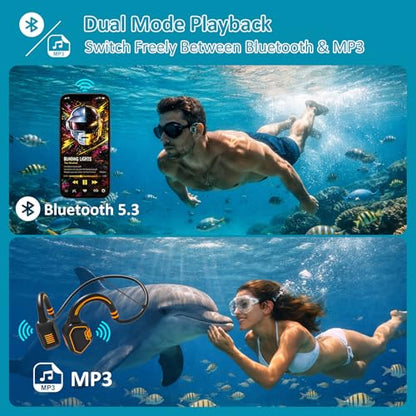 Bone Conduction Swimming Headphones, IP68 Waterproof Open-Ear Bluetooth 5.3 with 32GB MP3 Player - color: Orange