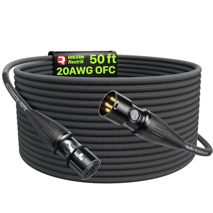 20AWG 50ft XLR Cable, Professional Gold-Plated Rean Connectors from Neutrik, Kevlar-Reinforced Nylon Braided Microphone Cable, Mic Cable, Shielded and Balanced XLR Male to Female Cord | Neutrik REAN Gold-Pin Connector, Kevlar-Reinforced Heavy Duty Nylon B
