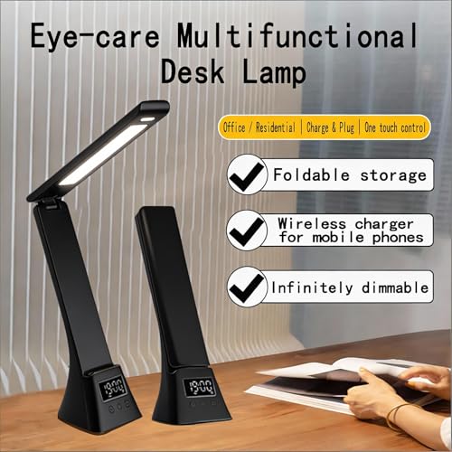 IHAO 3in1 Foldable Eye-Care Desk Lamp with 15W Wireless Charger & Digital Clock Touch Control, 3 Color Temperatures, Alarm, 180° Foldable, Phone Stand, Modern LED Table Lamp TYV-2088 Black - color: Table Lamp TYV-2088 Black