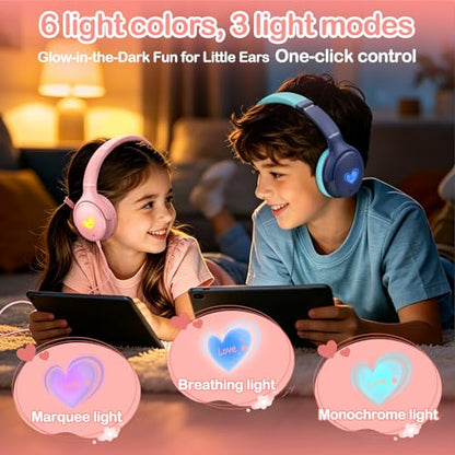 Kids Headphones Wired with HD Mic, USB C Headphones, Over Ear Headphones | LED Lights, 94dB Volume Limit, Stereo Sound Portable Foldable Lightweight for School/iPad/Tablet/Airplane Travel/Toddler - color: Pink