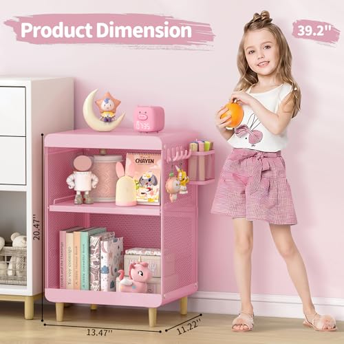 SYKIARIOL Kids Nightstand for Girls, 3-Tier Storage Shelf, Pink | Metal Bedside Table with 4 Hooks & Hanging Basket, Toddler Night Stand for Bedroom - color: Classic Pink