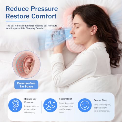 Youyole Pink Piercing Pillow for Side Sleepers, Ear Pillow Smooth Cooling Fabric, 11.8 x 9.8 x 4.7 Inch Raised for Sleeping with Earbuds, Earphones, Ear Pain, Pressure Relief Comfortable Sleeping - color: Pink