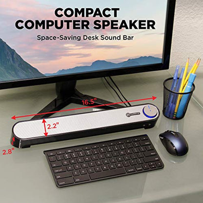 GOgroove Computer Speaker Mini Soundbar - USB Powered PC Sound Bar with Easy Setup Wired AUX, Stereo Audio, Microphone Port, Volume Control Knob, Under Monitor Design for Desktop (Black) - color: Black and Grey