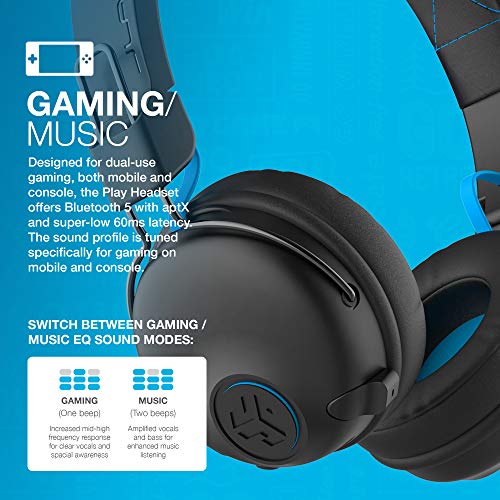 JLab Play Gaming Wireless Headset with Retractable Boom mic, AUX Cord, Console Compatible, Black