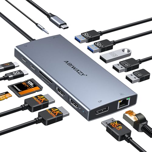USB C Docking Station Dual Monitor, ABIWAZY 15 in 1 Laptop Docking Station | 8K DP, Dual HDMI 4K@60Hz, 1Gbps Ethernet, 100W PD, Screen Button, USB-C Data Ports&SD/Micro SD, USB C Hub for HP/Delll/Lenovo