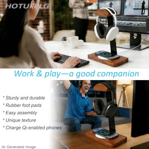 Wooden Headphone Stand with Wireless Charging Pad, 2-in-1 for Walnut Desk | Universal Headset Stand for Gaming Desk, Headphone Rack Compatible with Airpods Max,Bose,Razer,AKG Equipment Accessories - color: White