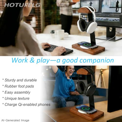 Wooden Headphone Stand with Wireless Charging Pad, 2-in-1 for Walnut Desk | Universal Headset Stand for Gaming Desk, Headphone Rack Compatible with Airpods Max,Bose,Razer,AKG Equipment Accessories - color: White