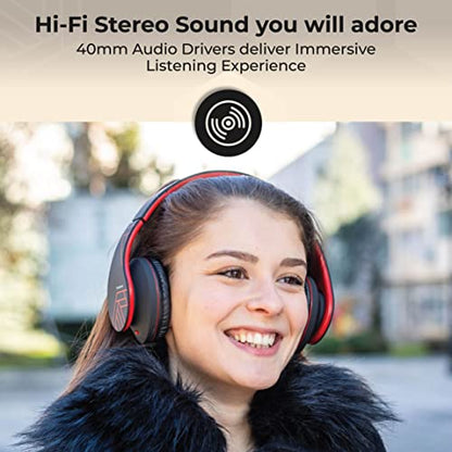 PowerLocus Bluetooth Over-Ear Headphones, Wireless Stereo Foldable Headphones Wireless and Wired Headsets with Built-in Mic, Micro SD/TF, FM for iPhone/Samsung/iPad/PC (Black/Red) - color: Black/Red