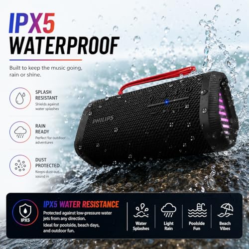PHILIPS Portable Bluetooth Speaker, Wireless Stereo Sound Party Speaker with Deep Bass, IPX5 Waterproof, 20 Hour Playtime, Auracast & TWS Pairing, USB Playback, Bluetooth 5.4 for Outdoor & Indoor Use
