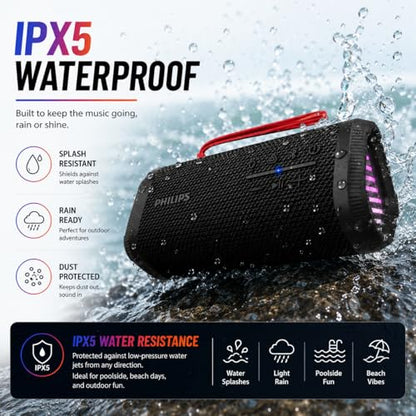 PHILIPS Portable Bluetooth Speaker, Wireless Stereo Sound Party Speaker with Deep Bass, IPX5 Waterproof, 20 Hour Playtime, Auracast & TWS Pairing, USB Playback, Bluetooth 5.4 for Outdoor & Indoor Use