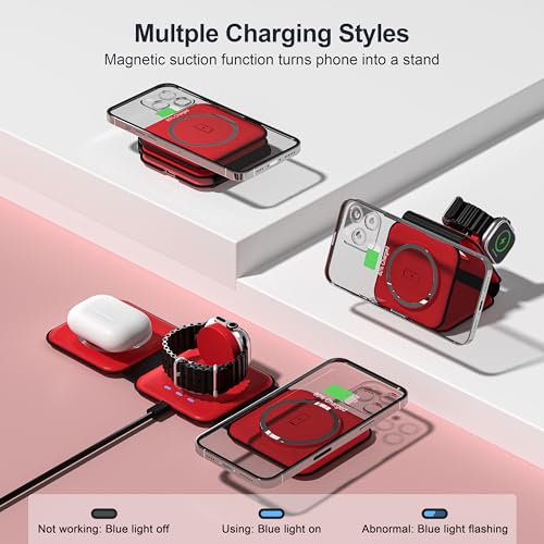 3 in 1 Charging Station for Multple Devices,Foldable 3 in 1 Wireless Charger for Travel,Nano Wireless Charging Station for iPhone16 15 14 13 12 Pro Max/Watch 10 9 8 7 6 5 4 3 Ultra/AirPod Pro - color: Red