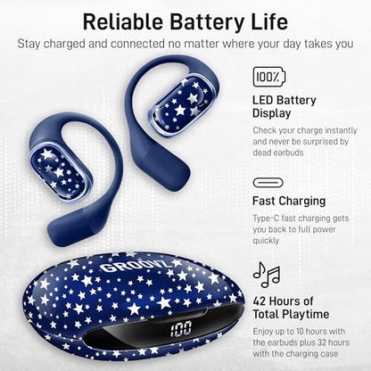 Groovz Open-Ear Plus True Wireless Headphones with Battery Display - Designed & Engineered in the USA - Multi-Point Pairing Bluetooth Open Ear Earbuds Compatible w/Apple & Android - Blue Starry Night - color: Blue Starry Night