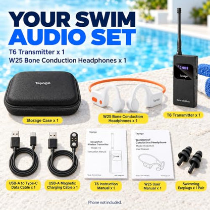 Tayogo Swimming Headphones, Waterproof Bone Conduction Headsets, Swim Coach Communicator, Waterproof Headphones for Spotify, Amazon Music, YouTube, Stream with Your Swimming, NO MP3 Download - color: SwimMusic Combo - White