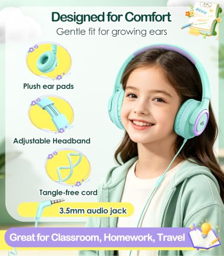 INFURTURE Kids Headphone for School with Microphone, 3.5mm Wired Headphone | Adjustable for Boys/Girls, Soft Ear Muffs, Volume Limit, Foldable, Lightweight On-Ear Headphones for ipad/Travel/Tablet - color: Green
