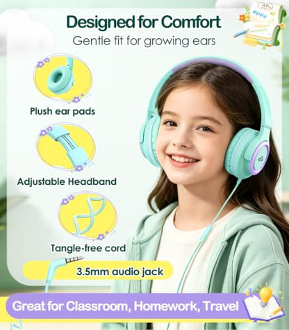 INFURTURE Kids Headphone for School with Microphone, 3.5mm Wired Headphone | Adjustable for Boys/Girls, Soft Ear Muffs, Volume Limit, Foldable, Lightweight On-Ear Headphones for ipad/Travel/Tablet - color: Green