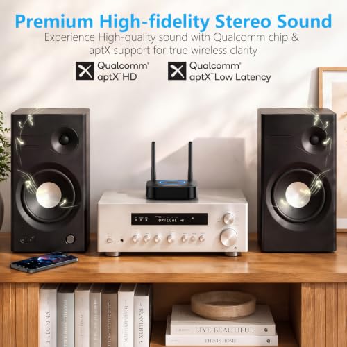 [Upgraded] 1Mii B06Pro Long Range Bluetooth Receiver, HiFi Wireless Audio Adapter, Bluetooth 5.3 Receiver with 3D Surround aptX HD Low Latency Optical RCA AUX 3.5mm Coaxial for Home Stereo System - color: B06Pro Black