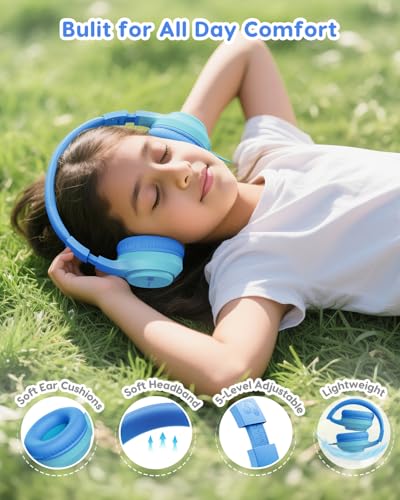 awatrue Kids Headphones for School, 74‑85‑94dB, 3.5mm Jack, HK07 | Foldable Wired Over Ear Headphones, for Toddler School/Travel/iPad/Tablet, Blue - color: Blue